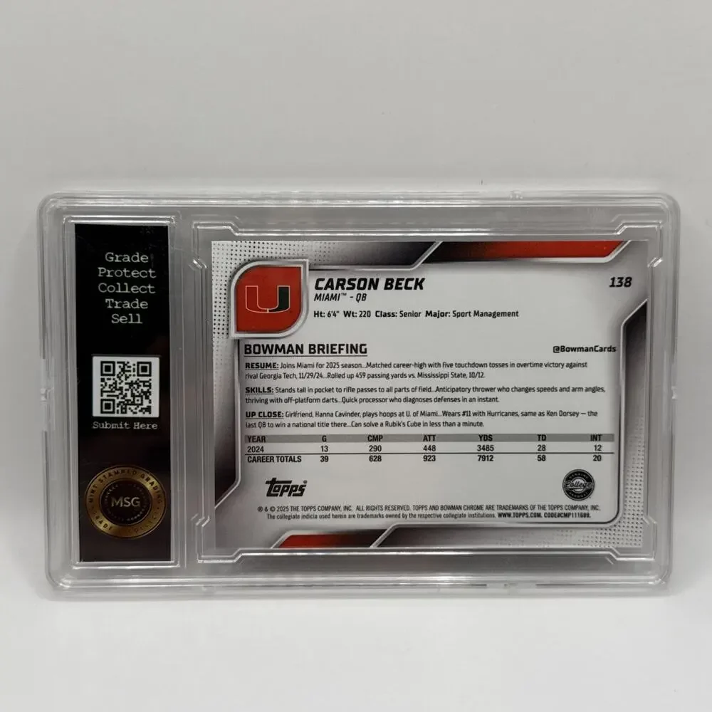 Carson Beck 2025 Bowman Chrome U Pink Lava Refractor No. 138 Miami Graded 10 Gem
